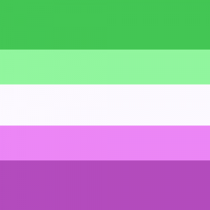 Um quadrado composto por cinco faixas horizontais na proporção 6:4:5:4:6, nas cores verde, verde clara, cinza clara, roxa clara e roxa.