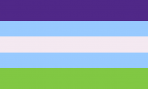 Um retângulo composto por 5 faixas horizontais, sendo que a primeira e a última são mais altas do que as outras. Suas cores são roxa, azul clara, cinza clara, azul clara e verde.