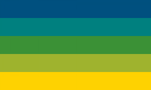 Retângulo composto por 5 faixas horizontais do mesmo tamanho, nas cores azul escura, turquesa escura, verde, verde clara e amarela.