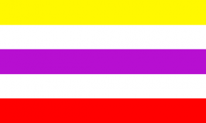 Um retângulo composto por 5 faixas horizontais do mesmo tamanho, nas cores amarela, branca, roxa, branca e vermelha. Todas as cores estão bastante saturadas.