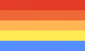 Um retângulo composto por 5 faixas horizontais do mesmo tamanho, com as cores vermelha, laranja, laranja clara, amarela e azul.