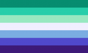 Retângulo composto por 7 faixas horizontais do mesmo tamanho, sendo elas das cores turquesa escura, turquesa, turquesa clara, branca, azul, índigo e azul escura