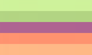 Retângulo composto por cinco faixas horizontais do mesmo tamanho, nas cores verde clara, verde, roxa, salmão e laranja clara.