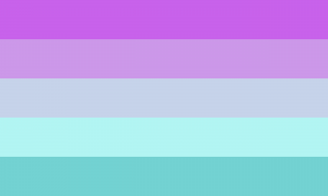 Bandeira composta por 5 faixas horizontais, nas cores violeta leve, violeta clara, azul clara acinzentada, ciano clara e ciano dessaturada.