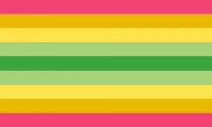 Retângulo composto por 9 faixas horizontais, nas cores rosa, laranja, amarela, verde clara, verde, verde clara, amarela, laranja e rosa.