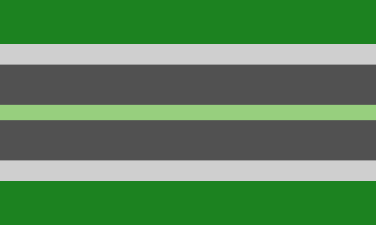 Retângulo composto por sete faixas horizontais na proporção aproximada de 29:14:27:10:27:14:29, nas cores verde, cinza clara, cinza escura, verde clara, cinza escura, cinza clara e verde.