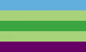 Retângulo composto por cinco faixas horizontais, nas cores azul, verde clara, verde, verde clara e roxa.