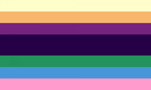 Retângulo composto por sete faixas horizontais, nas cores amarela clara, laranja clara, roxa, roxa escura, verde, azul e rosa. A faixa central possui o dobro do tamanho das outras faixas.