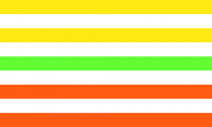 Retângulo composto por nove faixas horizontais do mesmo tamanho. A ordem das cores é amarela, branca, amarela, branca, verde clara, branca, laranja, branca e laranja.