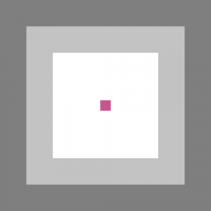 Quadrado composto por uma borda cinza ao redor de uma borda cinza clara e um fundo branco, o qual tem um pequeno quadrado na cor rosa escura em seu centro.