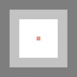Quadrado composto por uma borda cinza ao redor de uma borda cinza clara e um fundo branco, o qual tem um pequeno quadrado na cor vermelha em um tom pastel em seu centro.