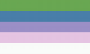 Retângulo composto por cinco faixas horizontais, nas cores verde, azul desbotada. roxa desbotada, rosa clara e branca.