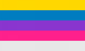 Retângulo composto por cinco faixas horizontais do mesmo tamanho, nas cores amarela, azul, roxa, rosa e cinza clara.