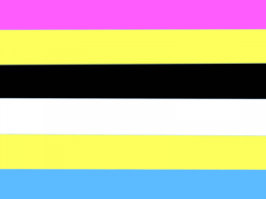 Retângulo composto por seis faixas horizontais, nas cores rosa, amarela, preta, branca, amarela e azul. As cores são relativamente vibrantes.