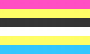 Retângulo composto por seis faixas horizontais do mesmo tamanho, nas cores rosa, amarela, cinza escura, branca, amarela e azul.