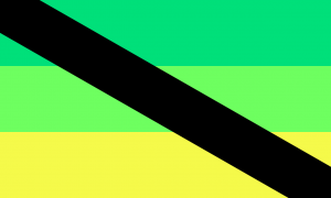 Retângulo composto por três faixas horizontais do mesmo tamanho e por uma faixa preta na diagonal cobrindo desde o canto superior esquerdo até o canto inferior direito da bandeira. As faixas horizontais são verde esmeralda, verde limão e amarela.