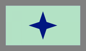 Retângulo composto por uma borda cinza, um fundo verde e uma estrela de quatro pontas centralizada azul escura.