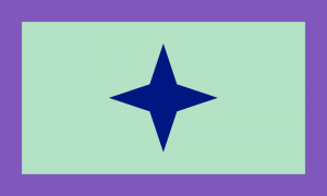 Retângulo composto por uma borda roxa, um fundo verde azulado e uma estrela de quatro pontas azul escura no centro da bandeira.