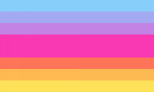 Retângulo composto por sete faixas horizontais do mesmo tamanho, nas cores azul, lavanda, roxa, rosa, laranja, laranja clara e amarela. As cores são bastante saturadas.