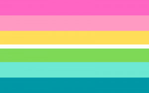 Retângulo composto por sete faixas horizontais que são do mesmo tamanho com a exceção da faixa central que é praticamente uma linha, nas cores rosa, rosa clara, amarela, branca, verde, ciano e turquesa.