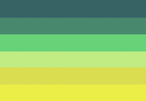 Retângulo composto por seis faixas horizontais do mesmo tamanho. A primeira faixa é turquesa escura e a última é amarela limão; as outras faixas formam uma espécie de degradê entre as duas cores, com a exceção da quarta faixa (verde clara) sendo mais escura do que a quinta (amarela escura).