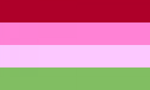 Retângulo composto por quarto faixas horizontais do mesmo tamanho, nas cores vermelha, rosa, rosa clara e verde.