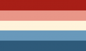 Retângulo composto por cinco faixas do mesmo tamanho, nas cores vermelha, salmão, amarela pálida, azul esverdeada e azul metálica.