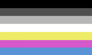 Retângulo composto por sete faixas horizontais do mesmo tamanho, nas cores preta, cinza, cinza clara, branca, amarela, rosa e azul.