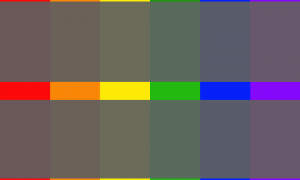 Uma bandeira dividida em seis faixas verticais do mesmo tamanho, nas cores vermelha, laranja, amarela, verde, azul e roxa. A maior parte dessas faixas é escura e acinzentada, com as únicas partes saturadas sendo linhas finas em cima e embaixo e uma faixa fina ao centro.