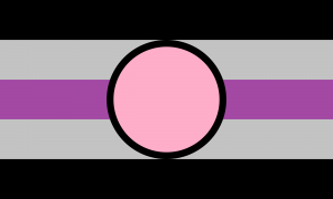 Retângulo dividido em cinco faixas horizontais, nas cores preta, cinza, roxa, cinza e preta. No centro, ocupando o espaço vertical de três faixas, há um círculo rosa com contorno preto.