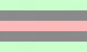 Retângulo composto por cinco faixas horizontais do mesmo tamanho, nas cores verde clara, cinza, salmão, cinza e verde clara.
