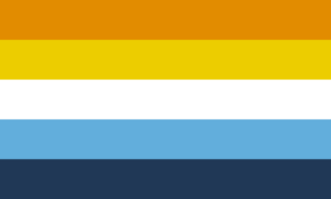 Retângulo composto por cinco faixas horizontais nas cores laranja, amarela, branca, azul e azul escura.