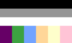 Retângulo dividido em três faixas horizontais do mesmo tamanho e uma faixa maior dividida em seis retângulos que são mais altos do que largos. As faixas são das cores preta, cinza e branca, enquanto os retângulos são roxo, verde, azul, laranja claro, amarelo e rosa.