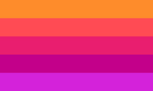 Retângulo composto por cinco faixas horizontais, nas cores laranja, laranja avermelhada, rosa avermelhada, roxa e violeta.