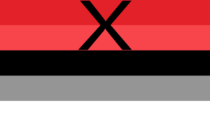 Retângulo composto por cinco faixas horizontais do mesmo tamanho, nas cores vermelha, salmão, preta, cinza e branca. No centro das duas faixas de cima há uma letra X preta.