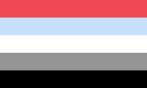 Retângulo composto por cinco faixas horizontais do mesmo tamanho, nas cores vermelha, azul clara, branca, cinza e preta.
