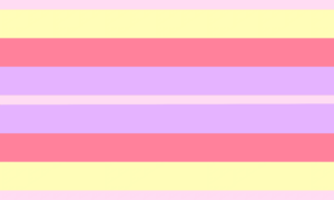 Retângulo composto por 9 faixas horizontais, nas cores rosa, amarela, vermelha, roxa, rosa, roxa, vermelha, amarela e rosa. As faixas cor de rosa são um terço do tamanho das outras. Todas as faixas estão em tons de cores bem claros.