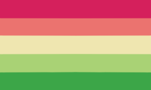 Retângulo dividido em cinco faixas horizontais, nas cores vermelha, salmão, amarela, verde clara e verde.