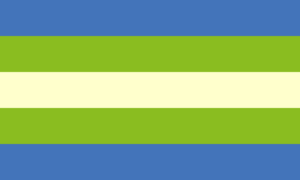 Retângulo dividido em cinco faixas horizontais do mesmo tamanho, nas cores azul, verde, amarela, verde e azul.