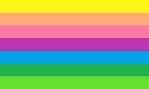 Retângulo composto por sete faixas horizontais, nas cores amarela, laranja, rosa, roxa, azul, verde esmeralda escuro e verde.