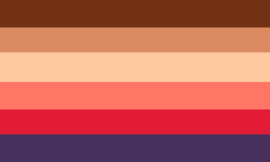 Retângulo dividido em seis faixas horizontais de tamanhos ligeiramente diferentes, nas cores marrom, marrom clara, bege, salmão, vermelha e roxa escura.