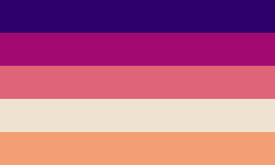 Retângulo composto por cinco faixas horizontais, os quais possuem as cores índigo, ameixa, vermelha clara, bege e laranja clara.