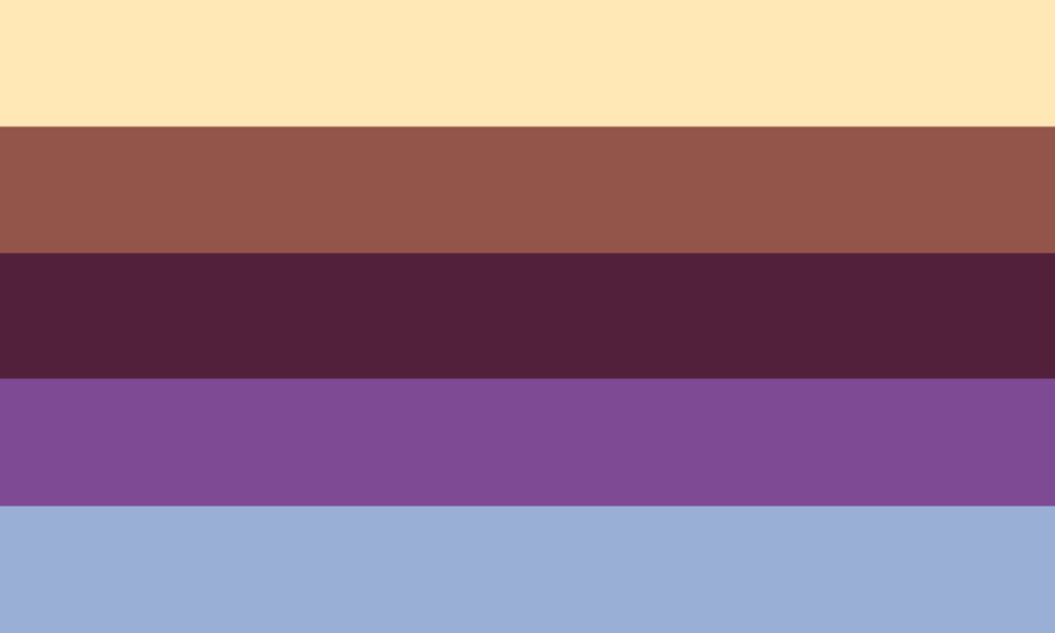Retângulo composto por cinco faixas horizontais do mesmo tamanho, nas cores creme, marrom, marrom escura, roxa e azul clara.