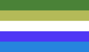 Retângulo dividido em cinco faixas, nas cores verde escura, verde amarelada, branca, azul arroxeada e ciano escuro.