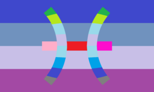 Retângulo composto por quatro faixas horizontais do mesmo tamanho e por um símbolo segmentado do signo de Peixes em seu centro. As faixas do fundo são azul escura, cinza azulada, lavanda e roxa. O símbolo de Peixes, parecido com um parênteses fechando e um parênteses abrindo com um traço atravessando o meio dos dois parênteses, é dividido em várias seções: os "parênteses" são simétricos e possuem segmentos nas cores verde, verde clara, azul clara, lavanda, azul clara, azul, azul escura e cinza. O "traço" é dividido horizontalmente entre uma parte rosa (antes do primeiro parêntese), uma parte central vermelha e uma parte magenta após o segundo parêntese.