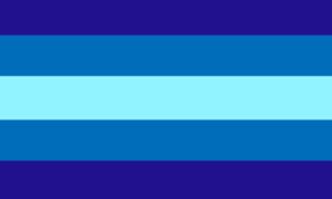 Cinco faixas horizontais mais ou menos do mesmo tamanho, nas cores índigo, azul, azul clara, azul e índigo.