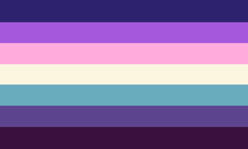 Retângulo composto por sete faixas horizontais do mesmo tamanho, nas cores índigo, roxa, rosa clara, creme, turquesa, púrpura acinzentada e roxa escura.