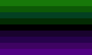Bandeira composta por nove faixas horizontais do mesmo tamanho. Elas possuem as cores verde, verde escura, turquesa escura, verde floresta, preta, roxa muito escura, roxa escura, roxa acinzentada e roxa.