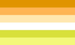 Retângulo composto por seis faixas horizontais do mesmo tamanho, nas cores marrom clara, laranja clara, creme, branca, amarela esverdeada e amarela clara.