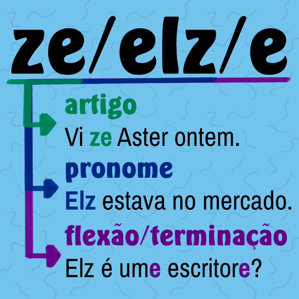 ze/eld/e | ze é artigo: vi ze Aster ontem. | elz é pronome: elz estava no mercado. | e é flexão/terminação: elz é ume escritore?